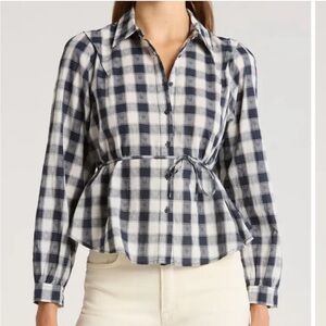 THE GREAT. Navy and White Checkered Button-Down Shirt